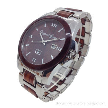 Stainless steel & redwood watch, miyota date movement, 5ATM water resistant, sapphire glass